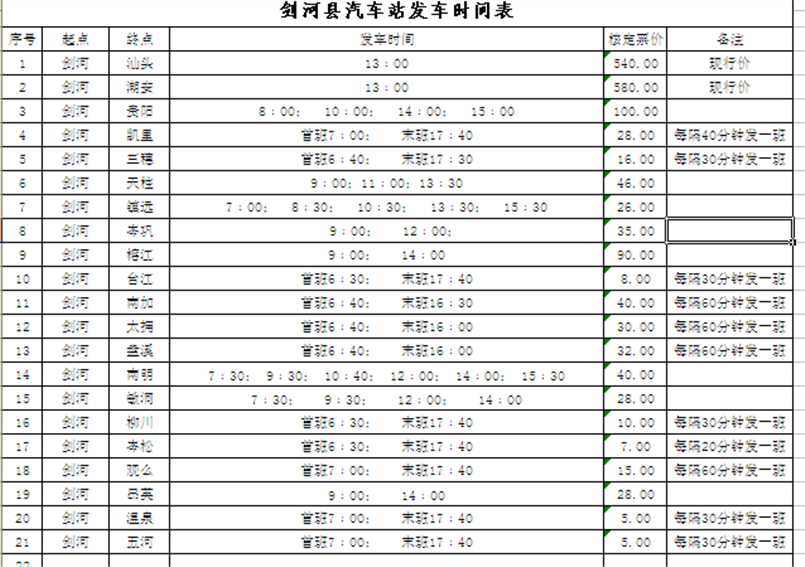 劍河縣汽車站發(fā)車時(shí)刻表